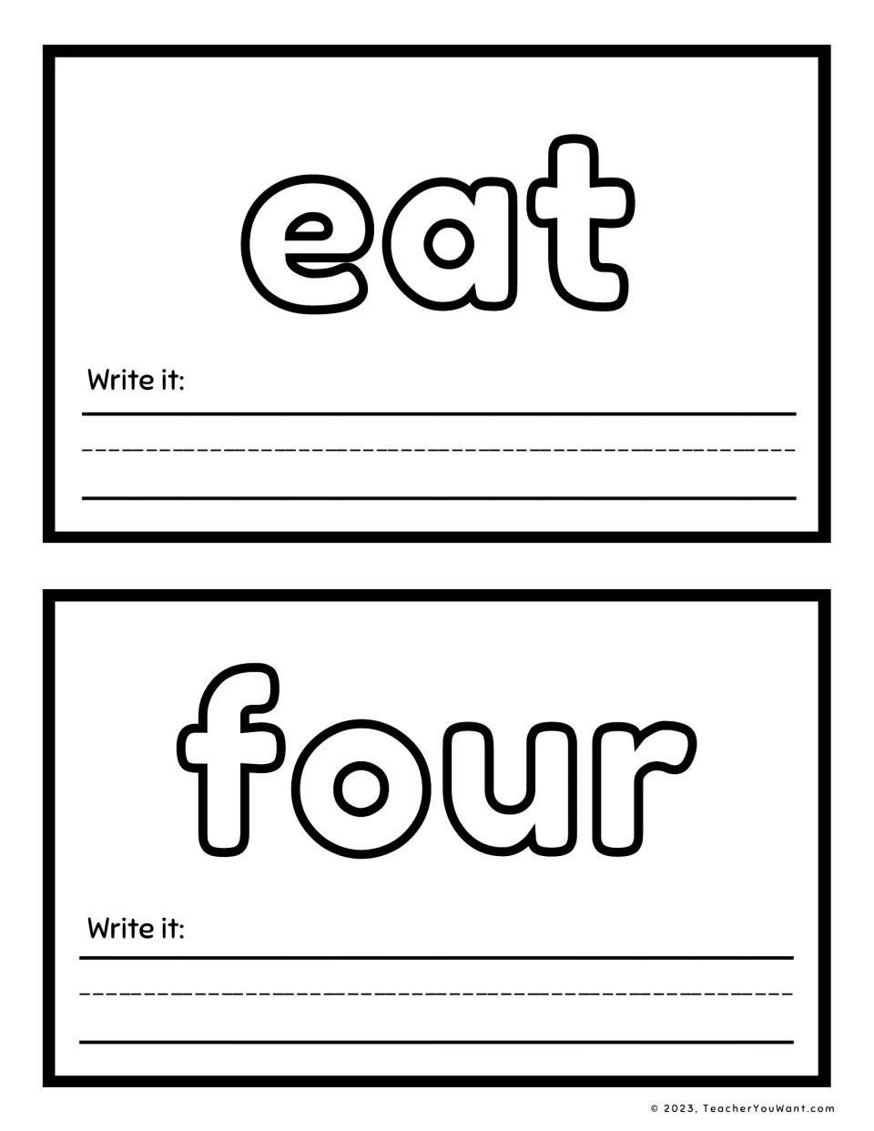 Sight word playdough mats for 'eat' and 'four', with large letters to shape and a 'Write it' prompt on each.