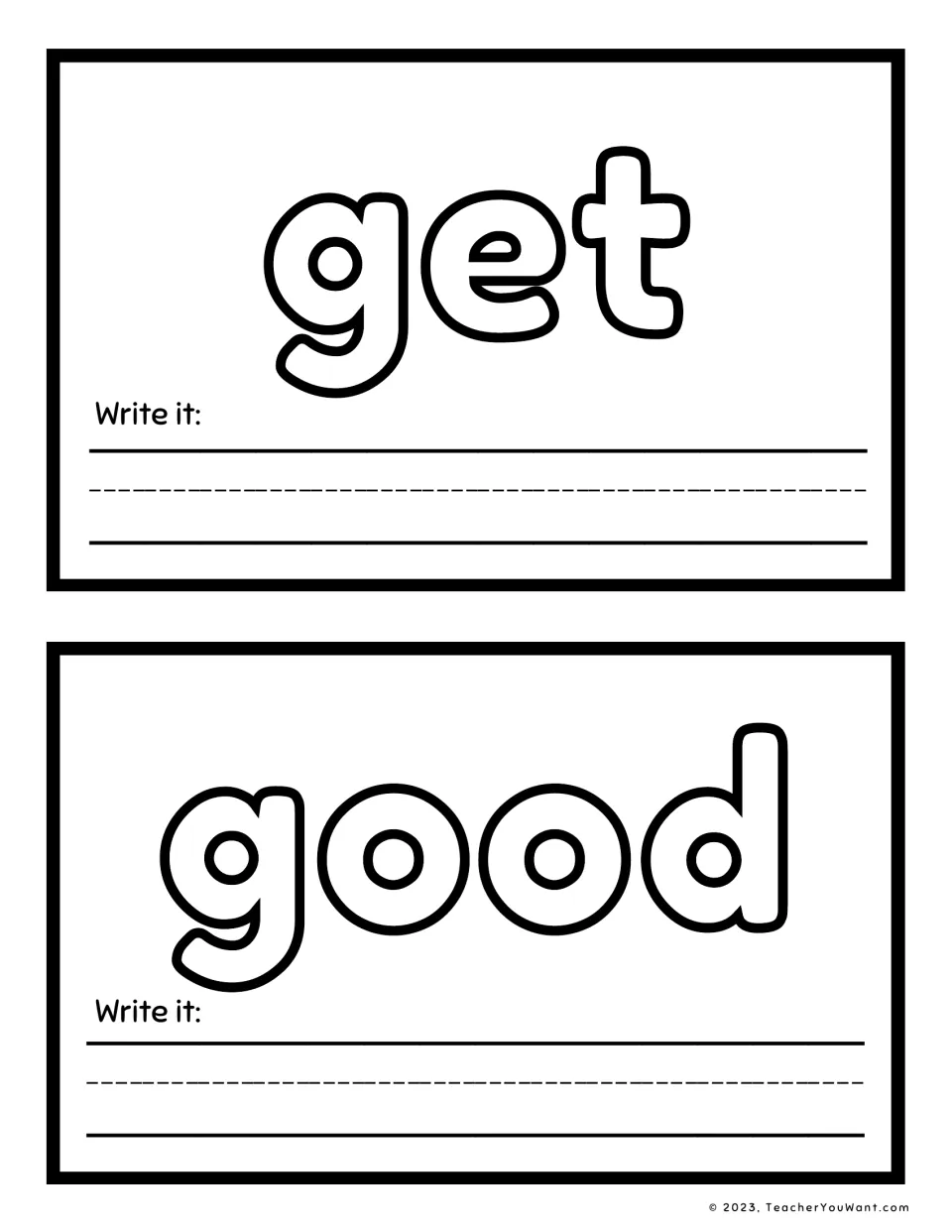 Sight word playdough mats for 'get' and 'good', with large letters to shape and a 'Write it' prompt on each.