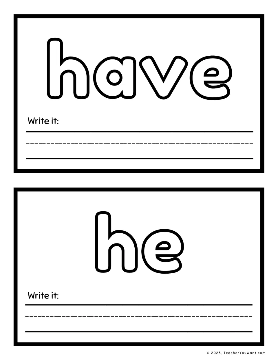 Sight word playdough mats for 'have' and 'he', with large letters to shape and a 'Write it' prompt on each.