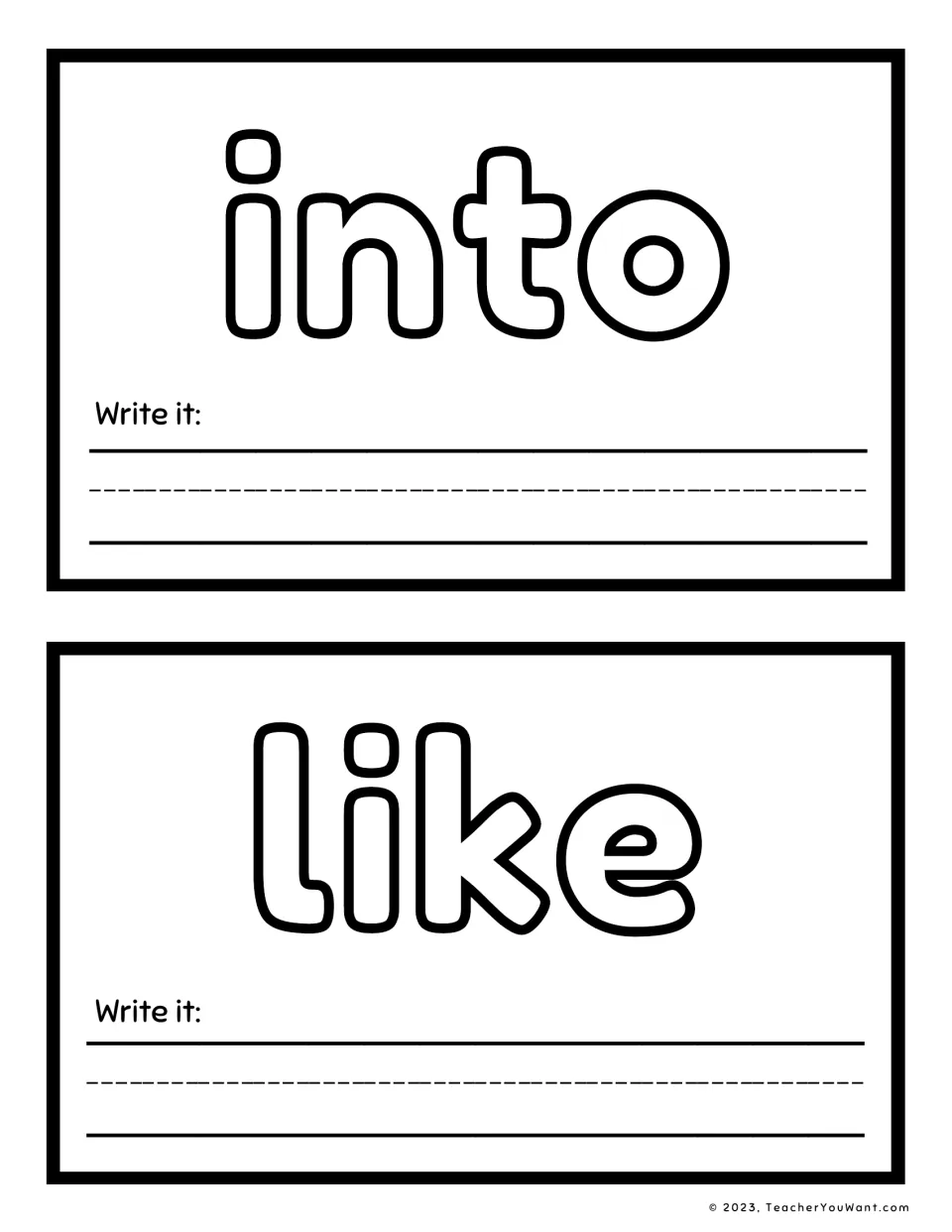 Sight word playdough mats for 'into' and 'like', with large letters to shape and a 'Write it' prompt on each.