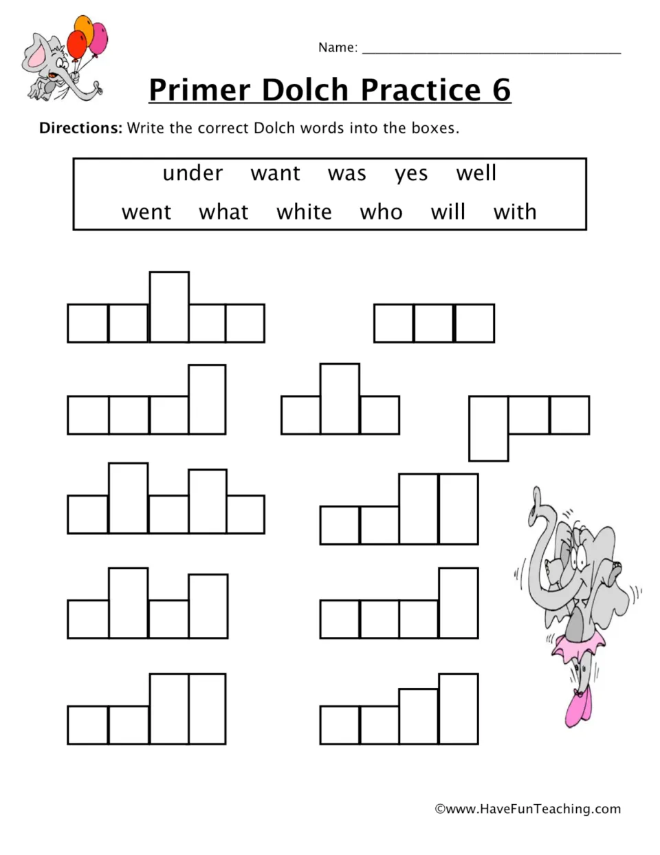 Primer Dolch Practice 6: students fit 11 sight words such as under, want, white and with into matching word shapes