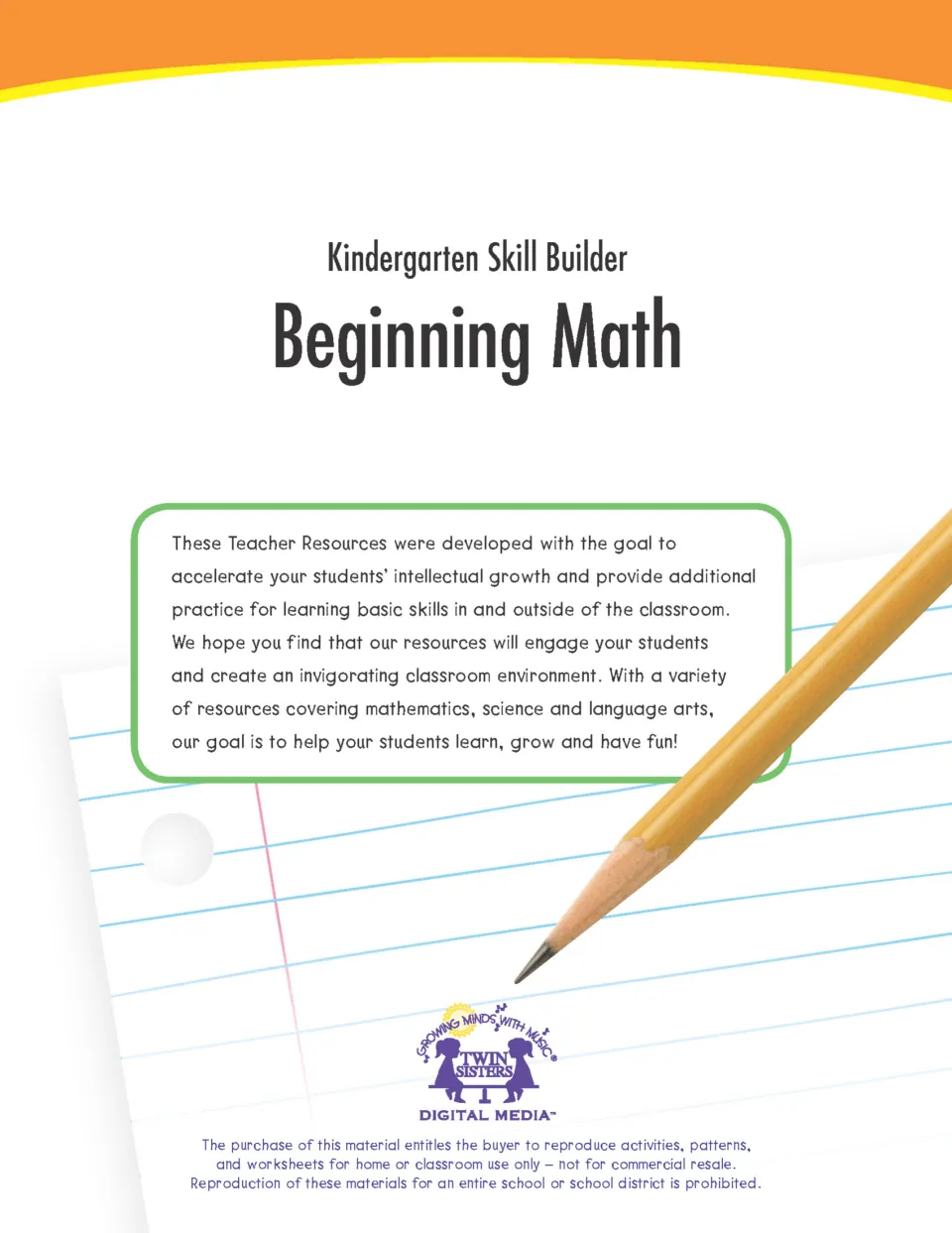 Kindergarten Skill Builder Beginning Math cover from Twin Sisters with a note on basic skills practice and a pencil
