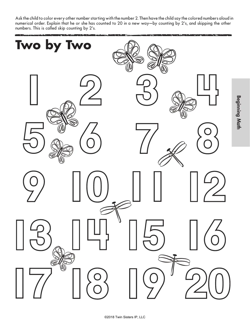 Two by Two: skip counting by 2s, students color every other number from 2 to 20 among butterflies, then say them aloud