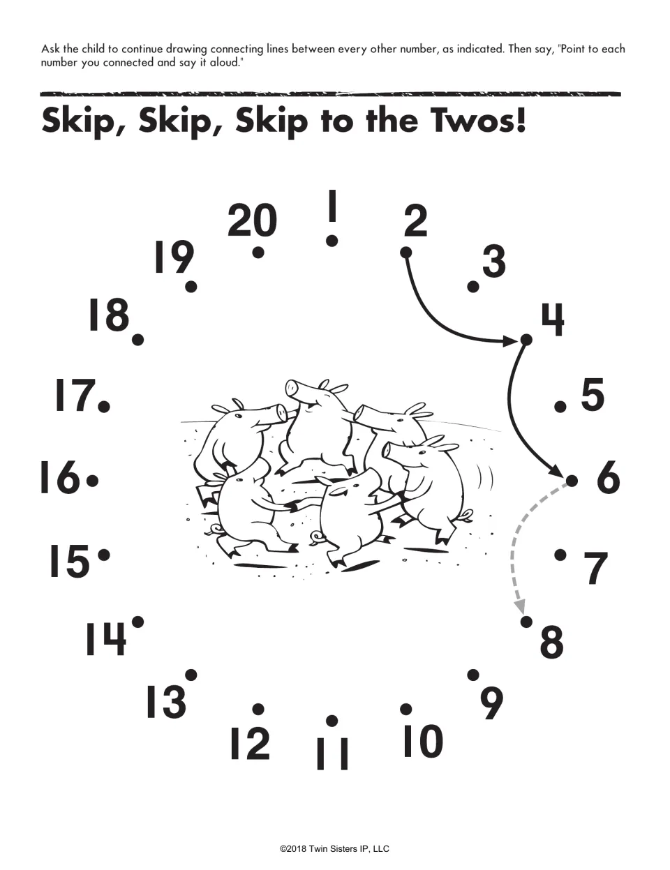 Skip, Skip, Skip to the Twos!: students draw arrows between even numbers 2 to 20 in a circle around dancing pigs