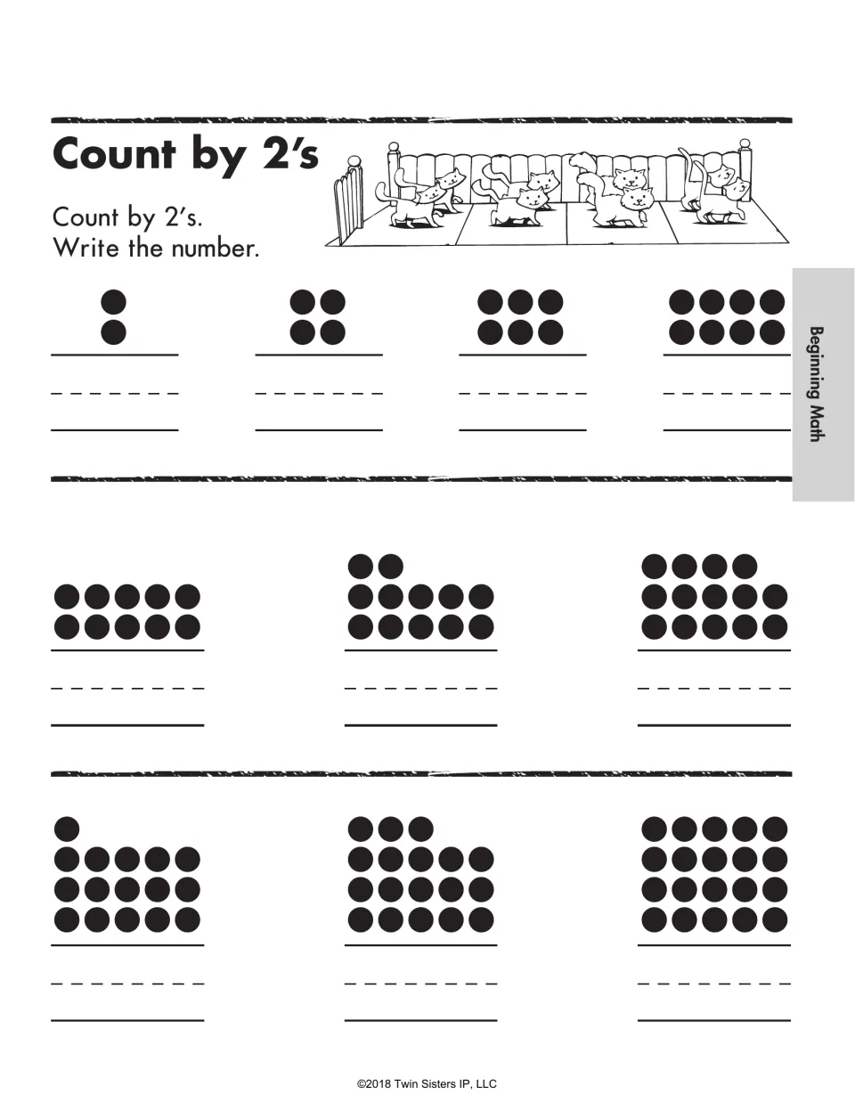 Count by 2's: students count dot groups arranged in pairs, from 2 up to 20 dots, and write each total as a numeral