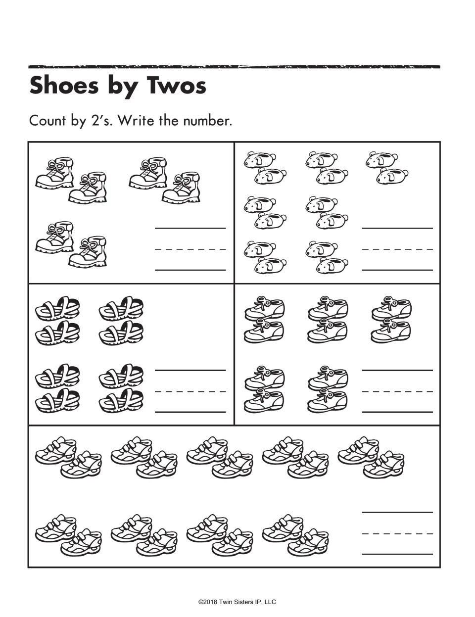 Shoes by Twos: students count pairs of boots, slippers, sandals, shoes and sneakers by 2s and write how many in each set