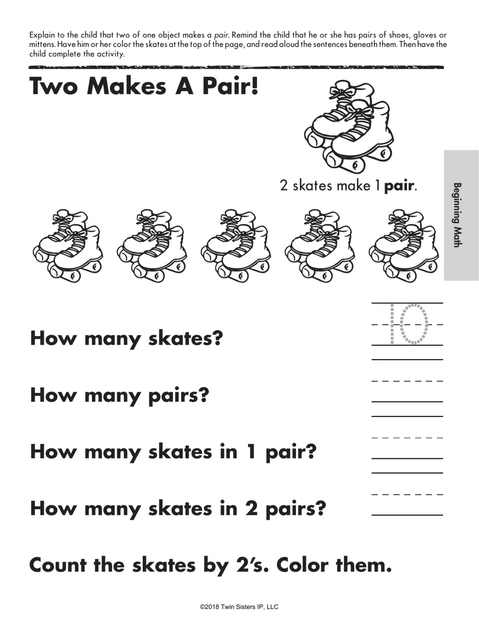 Two Makes A Pair!: students count five pairs of roller skates by 2s and answer how many skates and pairs, then color them