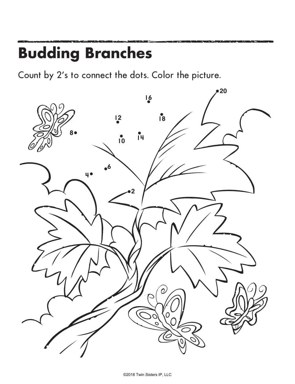Budding Branches: students count by 2s from 2 to 20 to connect the dots on a leafy branch, then color the picture