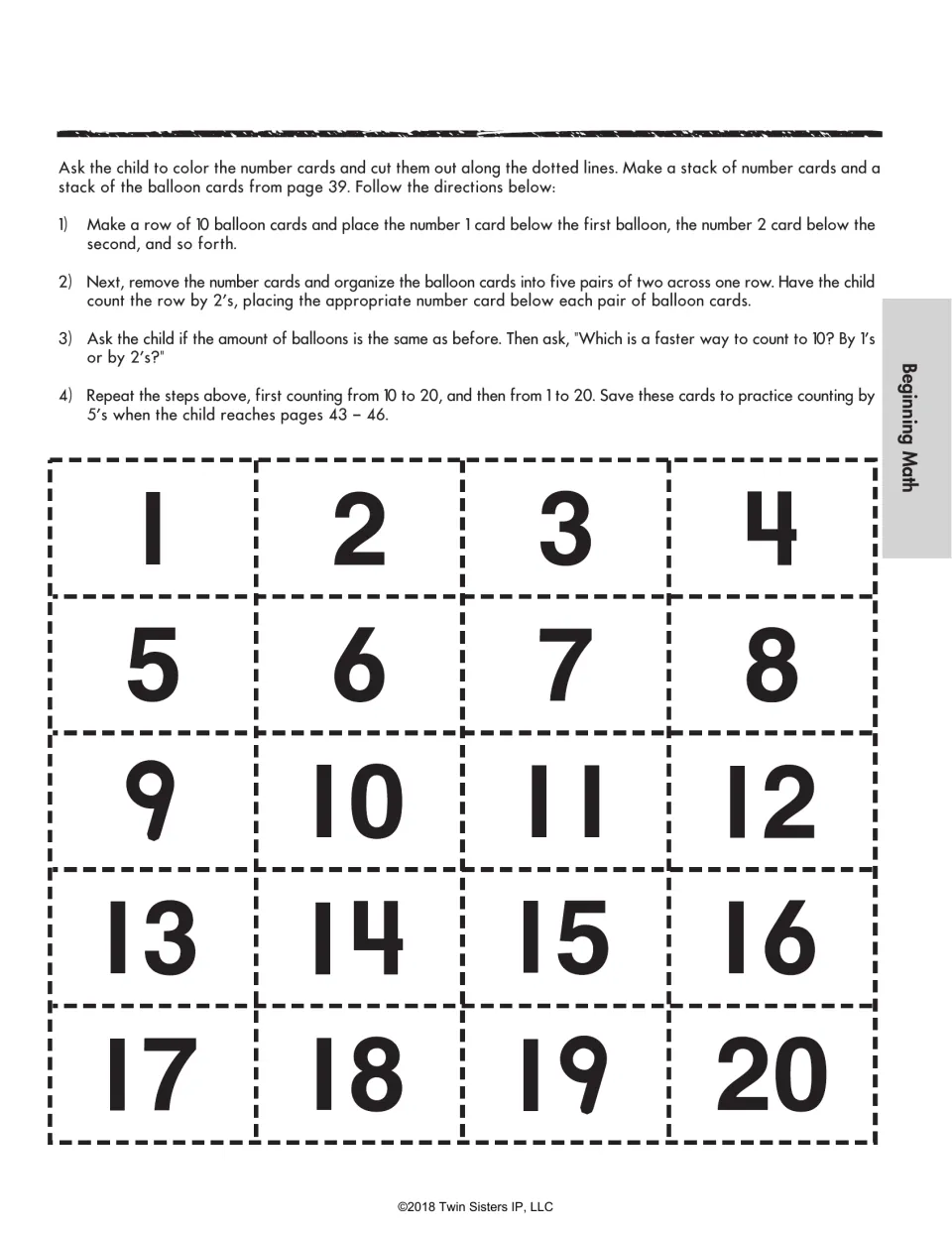 Number cards 1 to 20 to cut out, with steps for pairing balloon cards and counting to 10 and 20 by 1s and by 2s