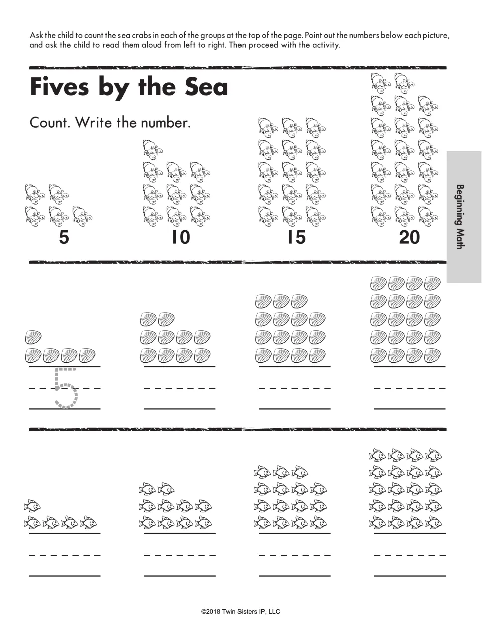 Fives by the Sea: skip counting by 5s, students count crab, shell and fish groups of 5, 10, 15 and 20 and write totals