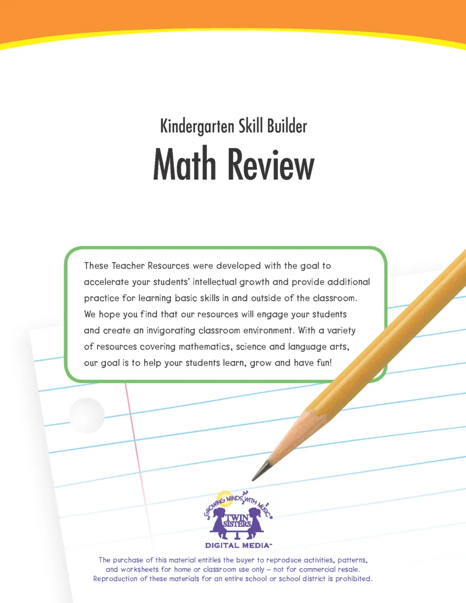 Kindergarten Skill Builder Math Review cover by Twin Sisters with a pencil on notebook paper, intro note and copying terms
