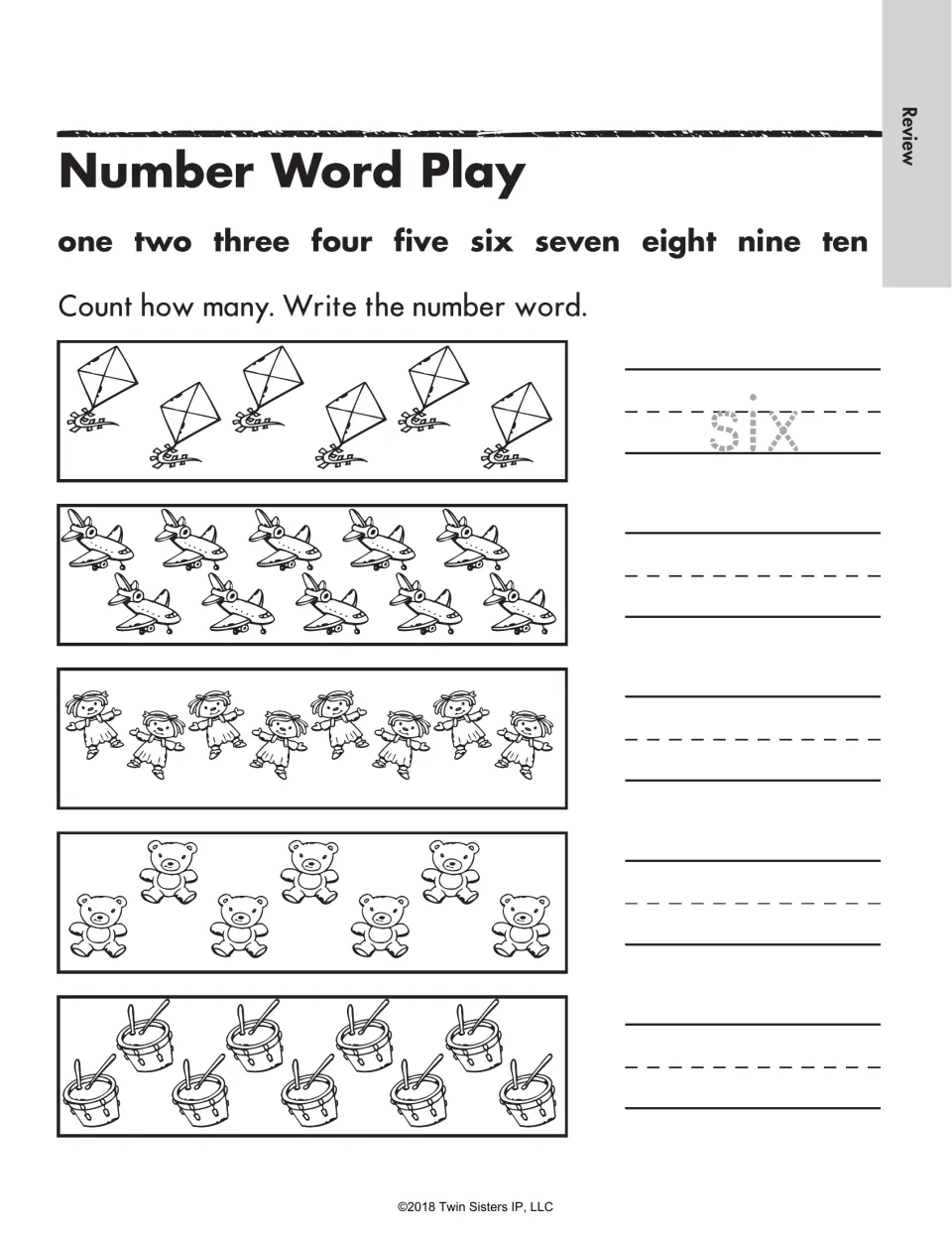 Number Word Play: students count kites, airplanes, dolls, teddy bears and drums, then write the number word from the list