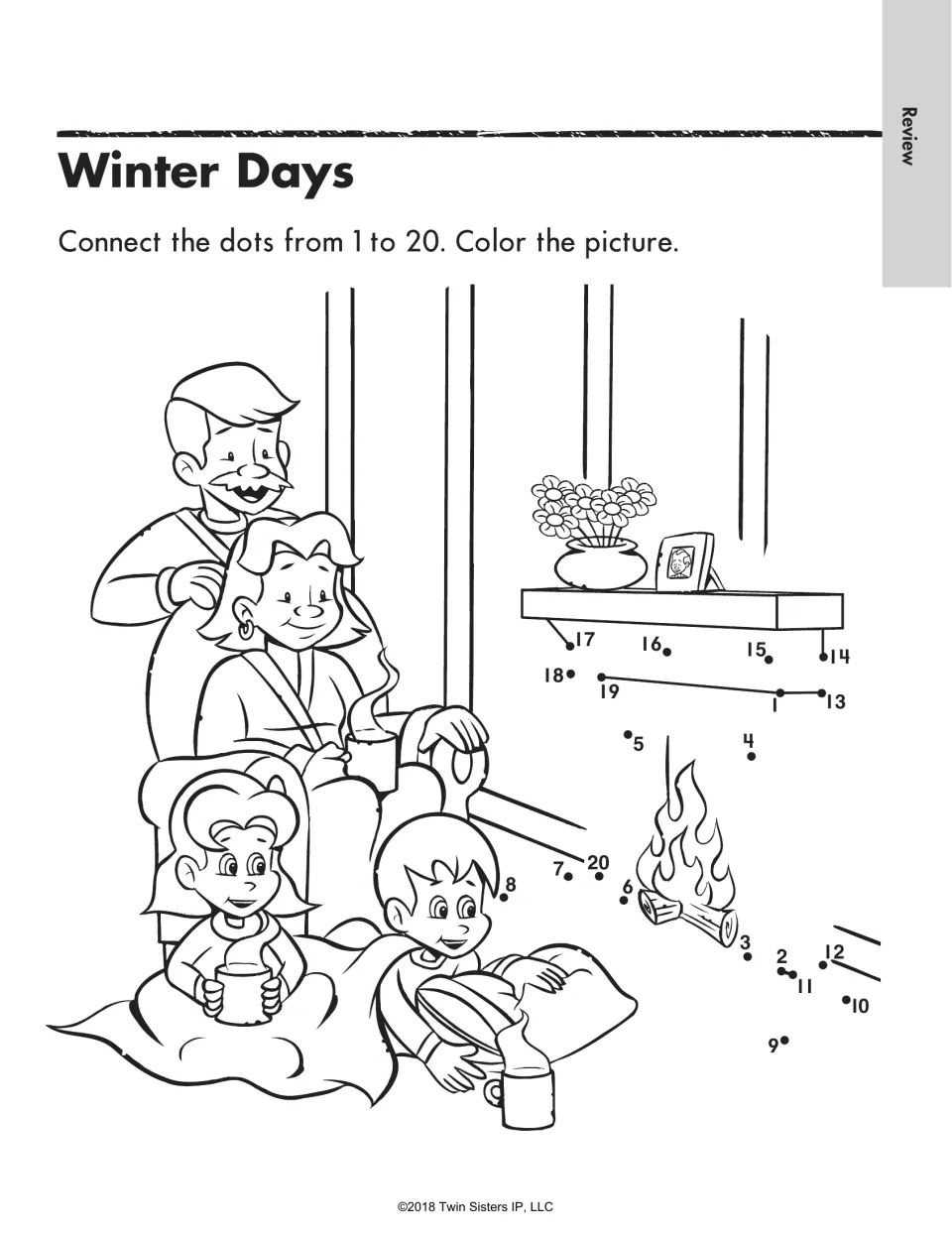 Winter Days dot-to-dot: students connect dots 1 to 20 to draw a fireplace beside a family with mugs, then color the scene