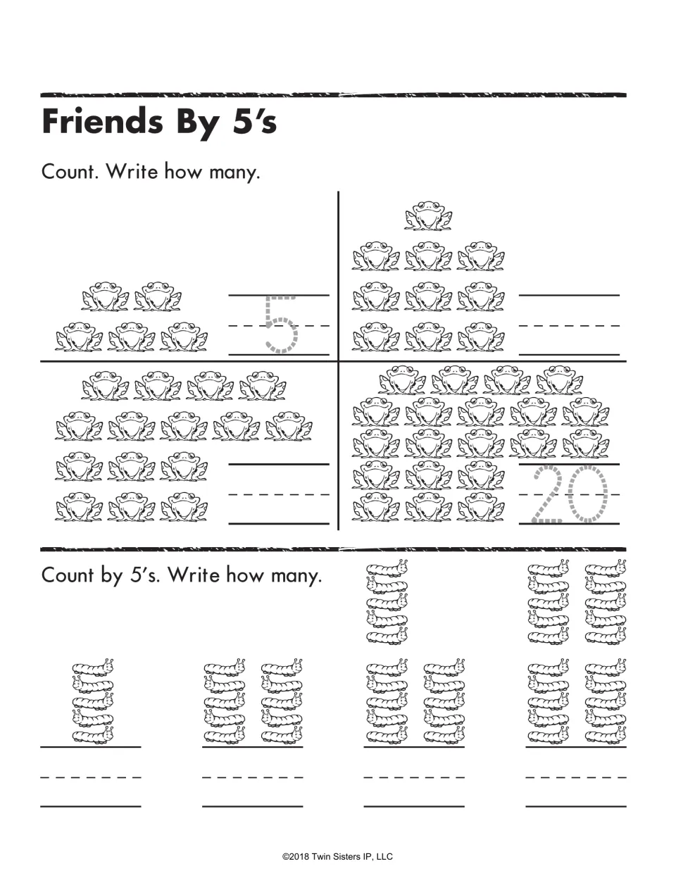 Friends By 5's: students count groups of frogs, then count caterpillar stacks by 5s and write each total