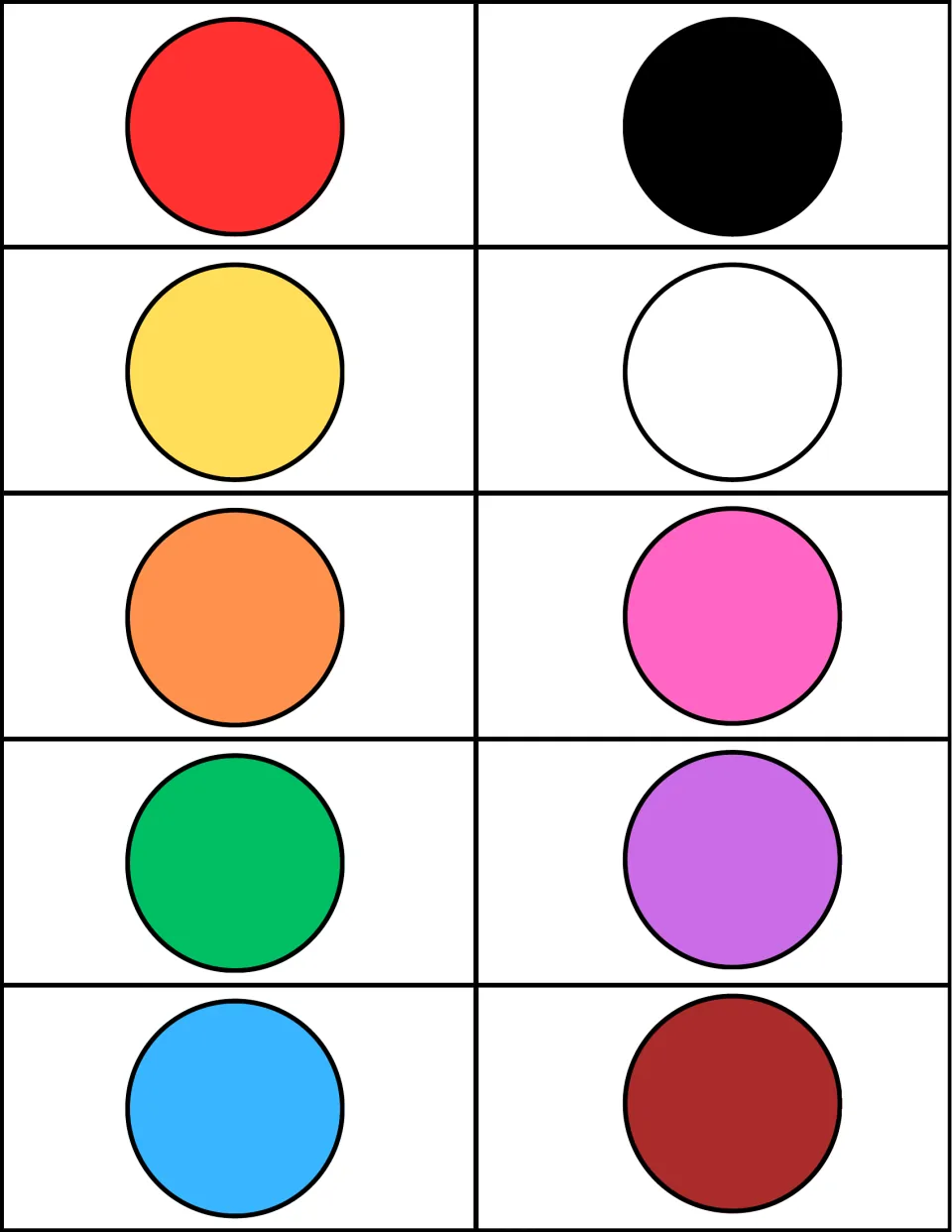 Color recognition cards: ten solid circles in red, black, yellow, white, orange, pink, green, purple, blue and brown
