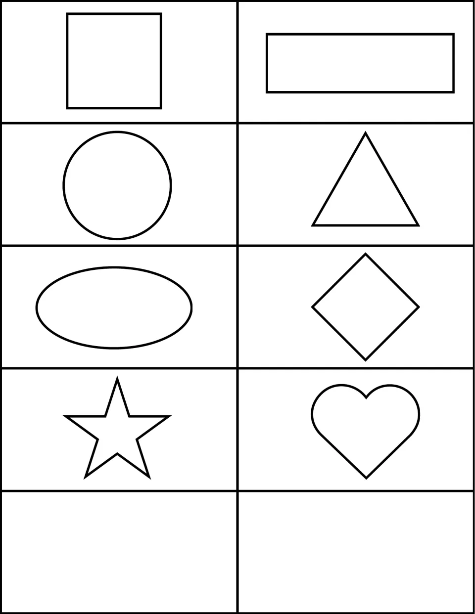 Shape recognition cards: square, rectangle, circle, triangle, oval, diamond, star and heart outlines, plus two blank cards