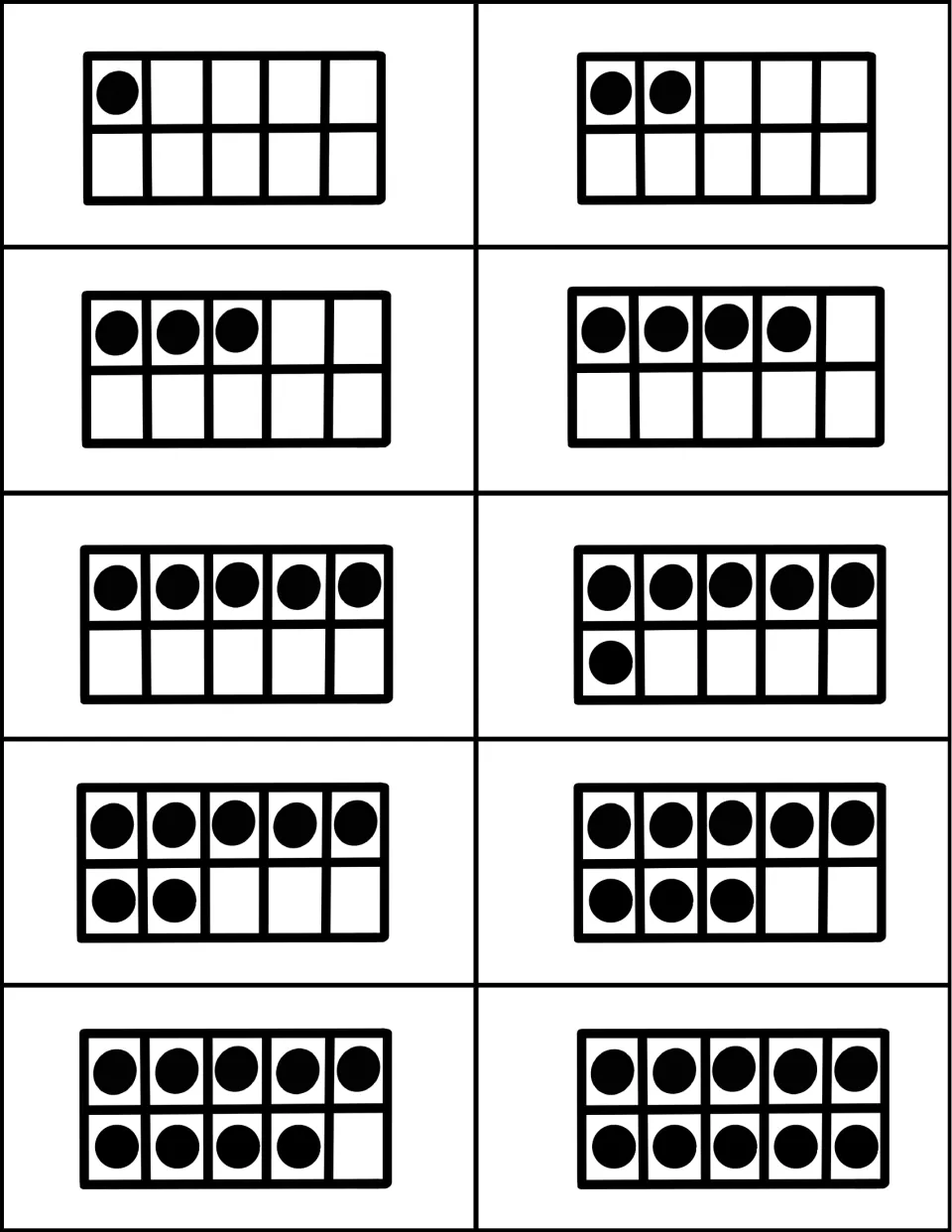 Ten-frame cards showing 1 to 10 dots: students count or subitize the dots to name each quantity from one to ten