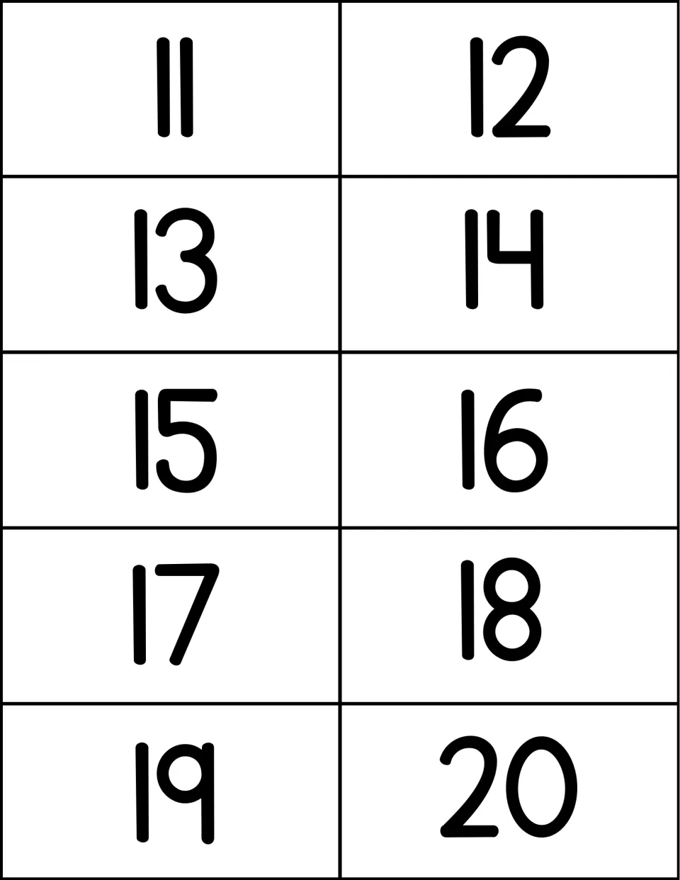 Number cards 11 to 20: large printed teen numbers and 20, one per card, for students to read and name each numeral