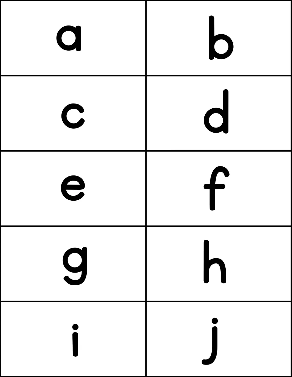 Lowercase letter cards a to j: one large printed letter per card for students to name each letter aloud