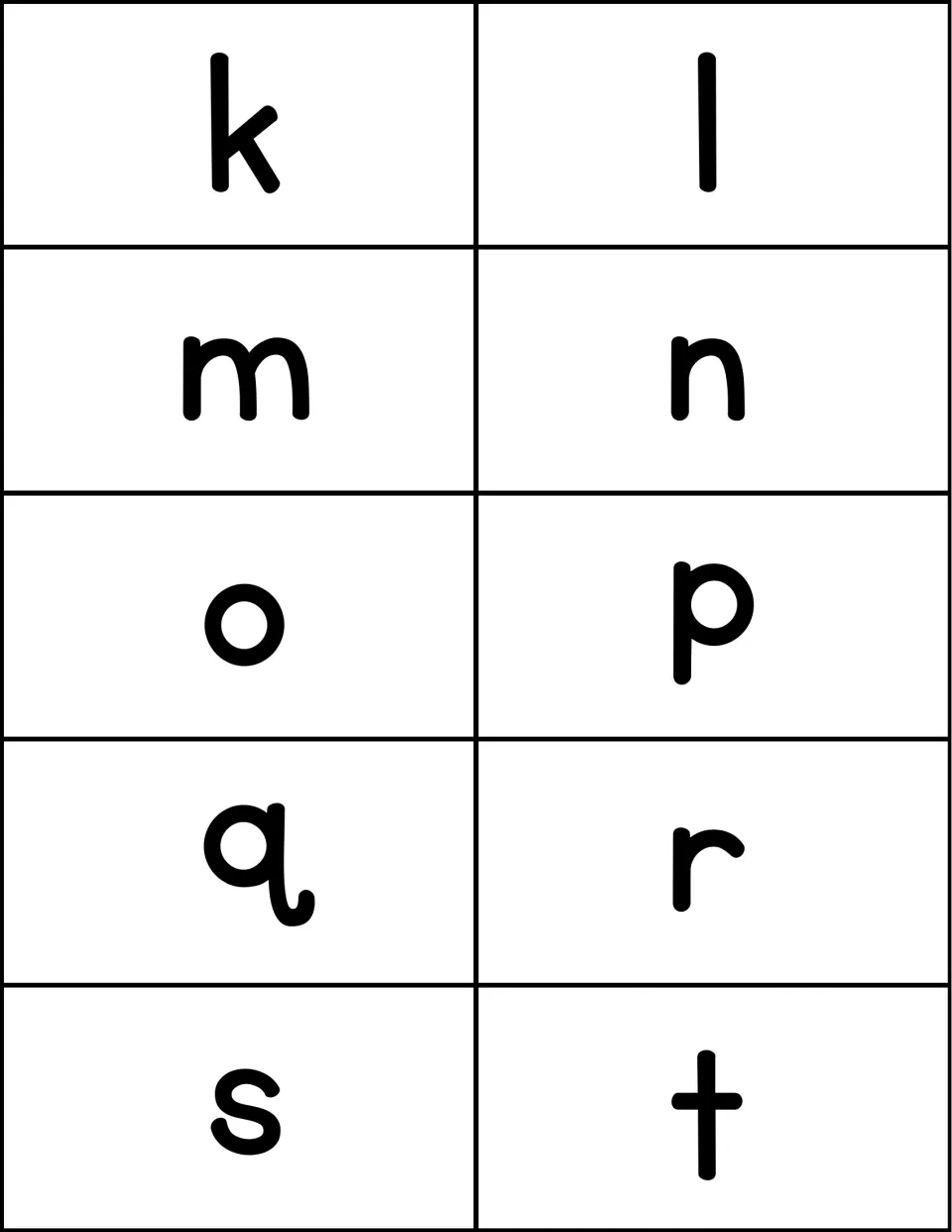 Lowercase letter cards k to t: ten large printed letters, k, l, m, n, o, p, q, r, s and t, for letter naming practice