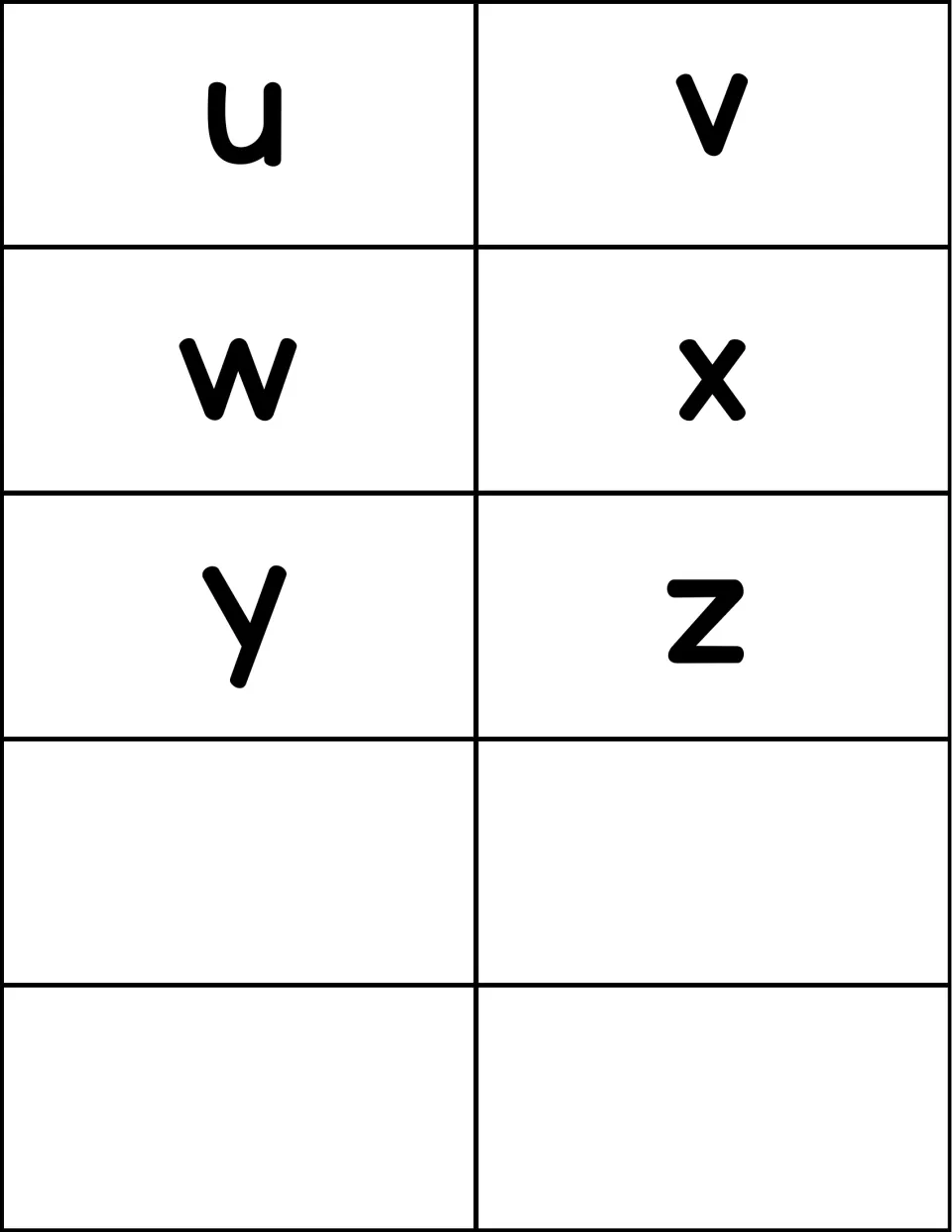 Lowercase letter cards u to z: six large letters, u, v, w, x, y and z, finishing the alphabet, with four blank cards