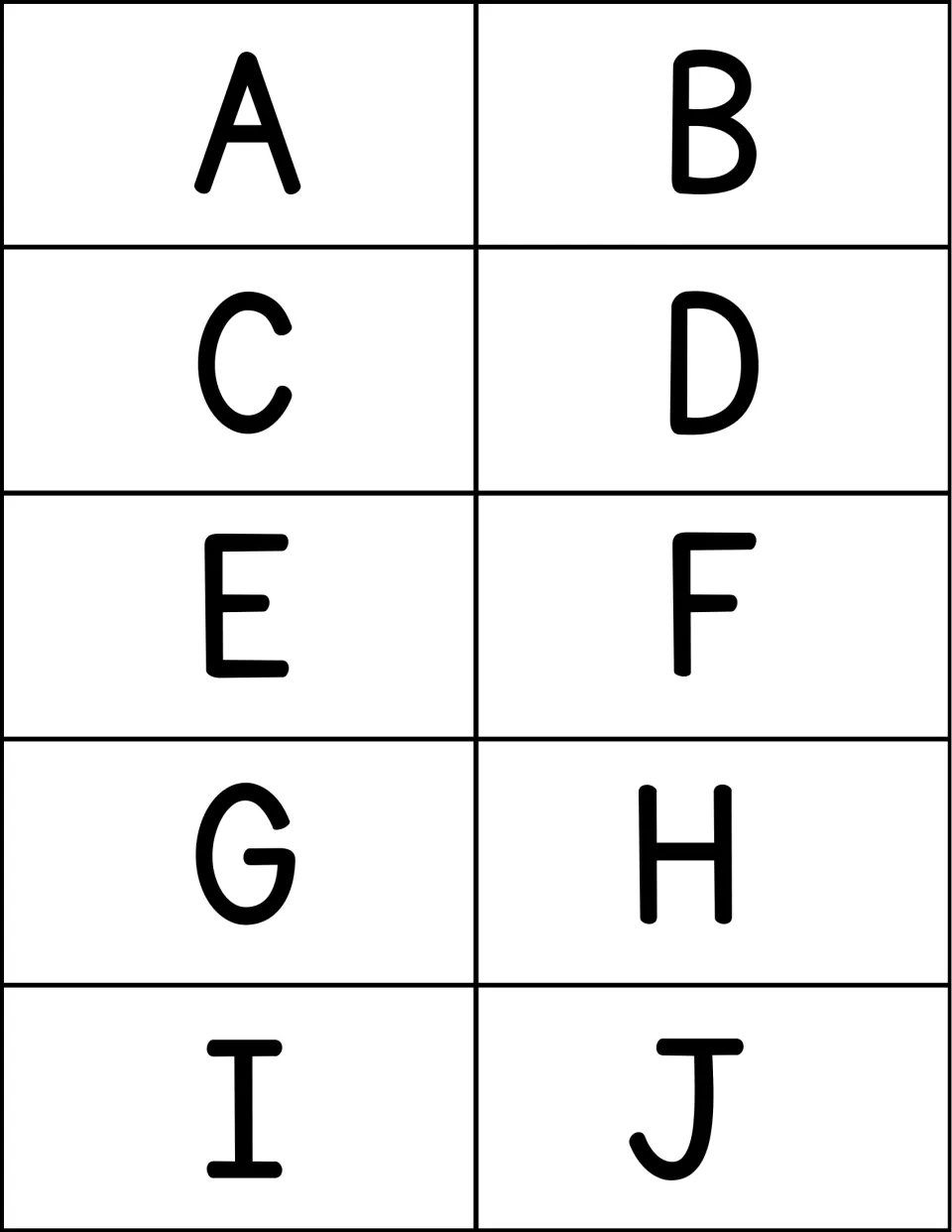 Uppercase letter cards A to J: one large capital letter per card for students to name aloud in a letter check