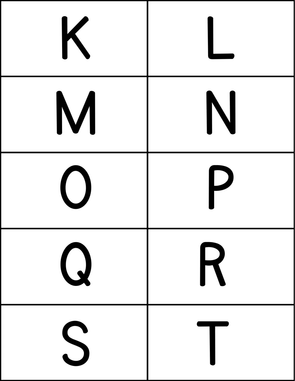 Uppercase letter cards K to T: ten large capital letters, K, L, M, N, O, P, Q, R, S and T, for capital letter recognition