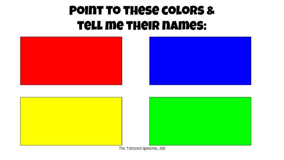 Color naming prompt for speech and language screening: point to red, blue, yellow, and green and name them