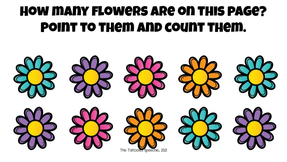 Counting prompt for speech and language screening: point to and count the 10 flowers shown on the page