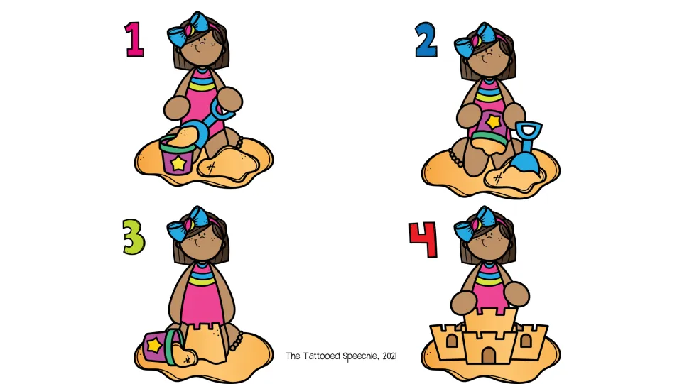 Speech and language screening picture sequence: four scenes numbered 1–4 show a girl building a sandcastle