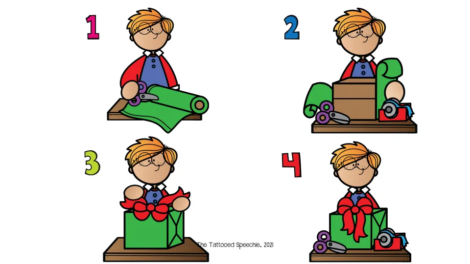 Speech and language screening picture sequence: four scenes numbered 1–4 show a boy wrapping a gift