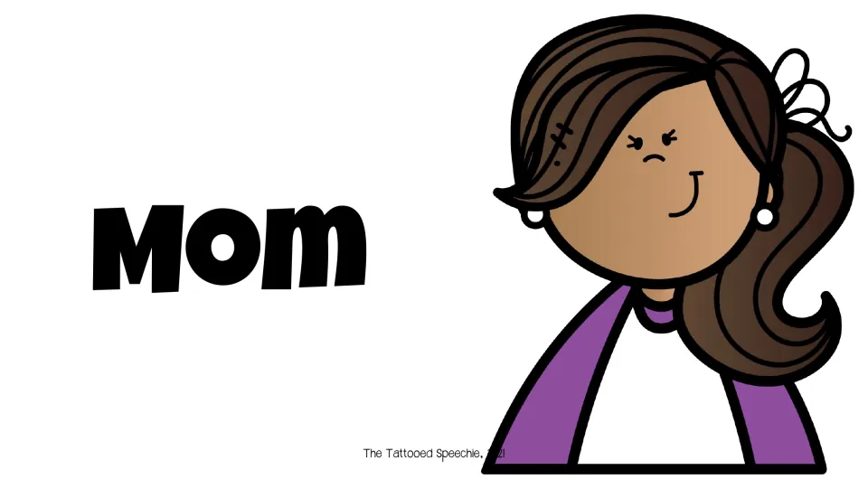 Single-word picture prompt for speech and language screening: the word “Mom” beside an illustration of a mother