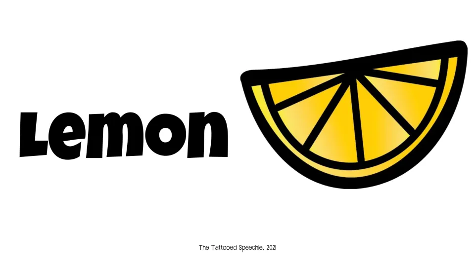 Single-word picture prompt for speech and language screening: the word “Lemon” beside a yellow lemon wedge