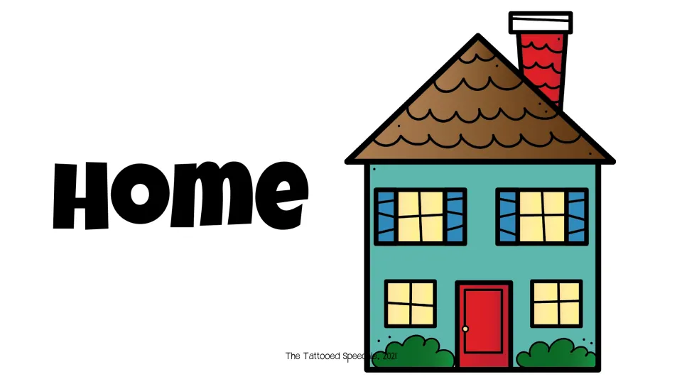 Single-word picture prompt for speech and language screening: the word “Home” beside an illustration of a house