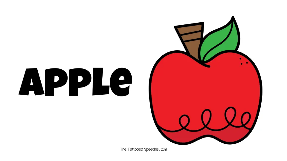 Single-word picture prompt for speech and language screening: the word “Apple” beside a red apple with a leaf