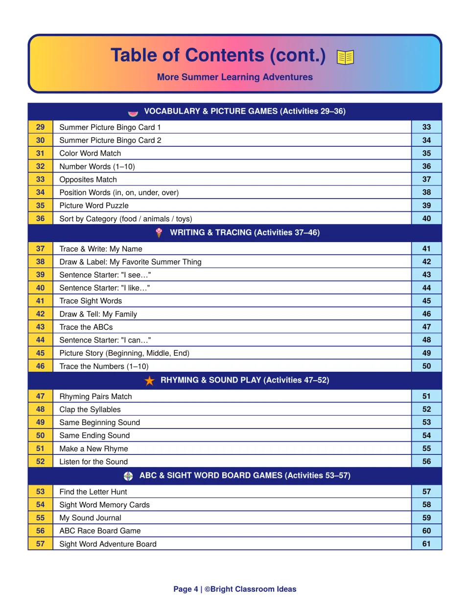 Table of contents for activities 29 to 57: vocabulary, writing and tracing, rhyming and sound play, ABC and sight word games