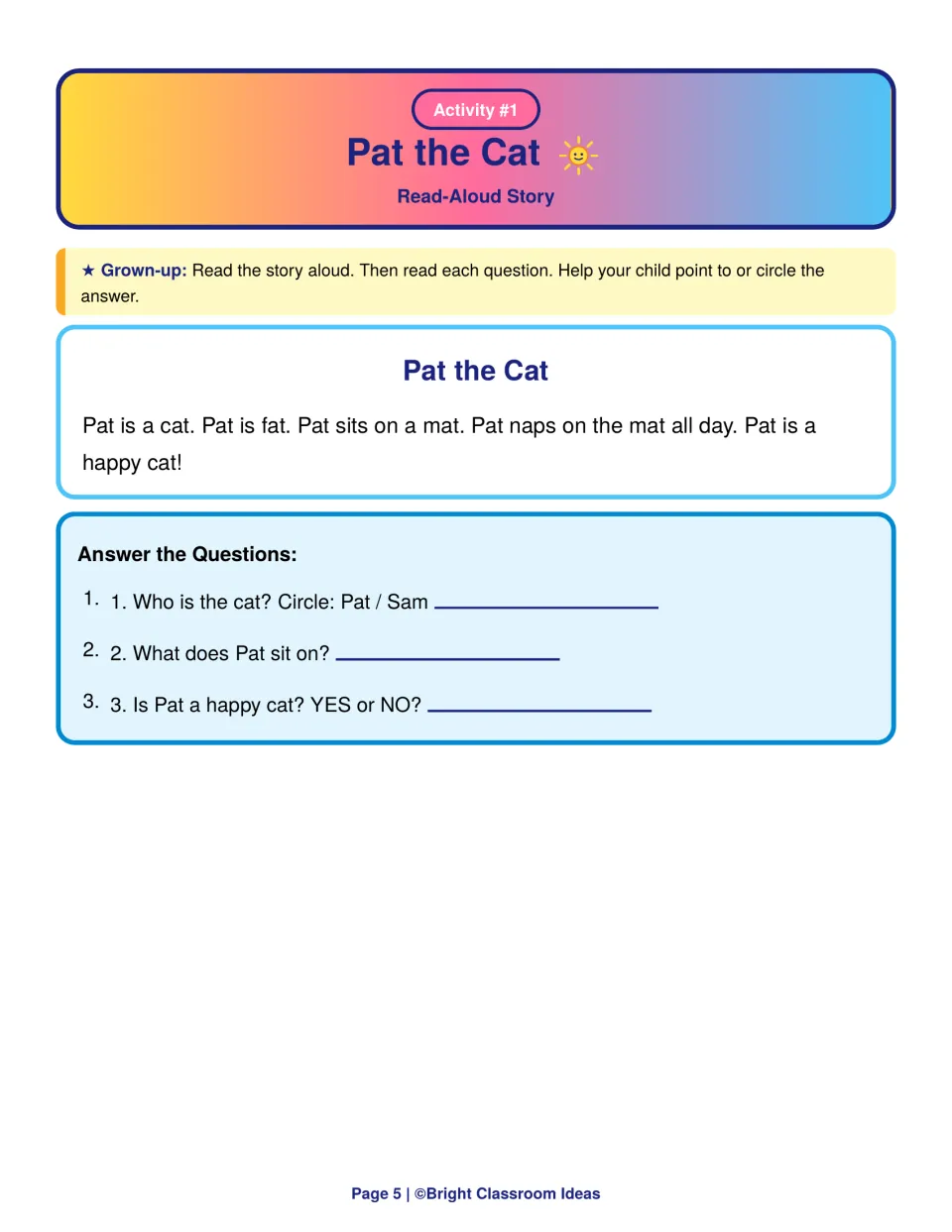 Pat the Cat read-aloud story: children answer 3 comprehension questions, circling Pat or Sam and telling what Pat sits on