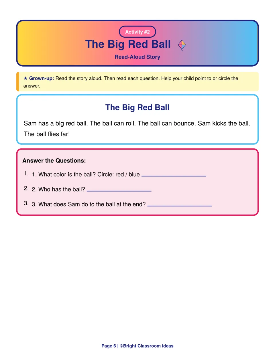 The Big Red Ball read-aloud story: children circle red or blue, name who has the ball and recall what Sam does at the end