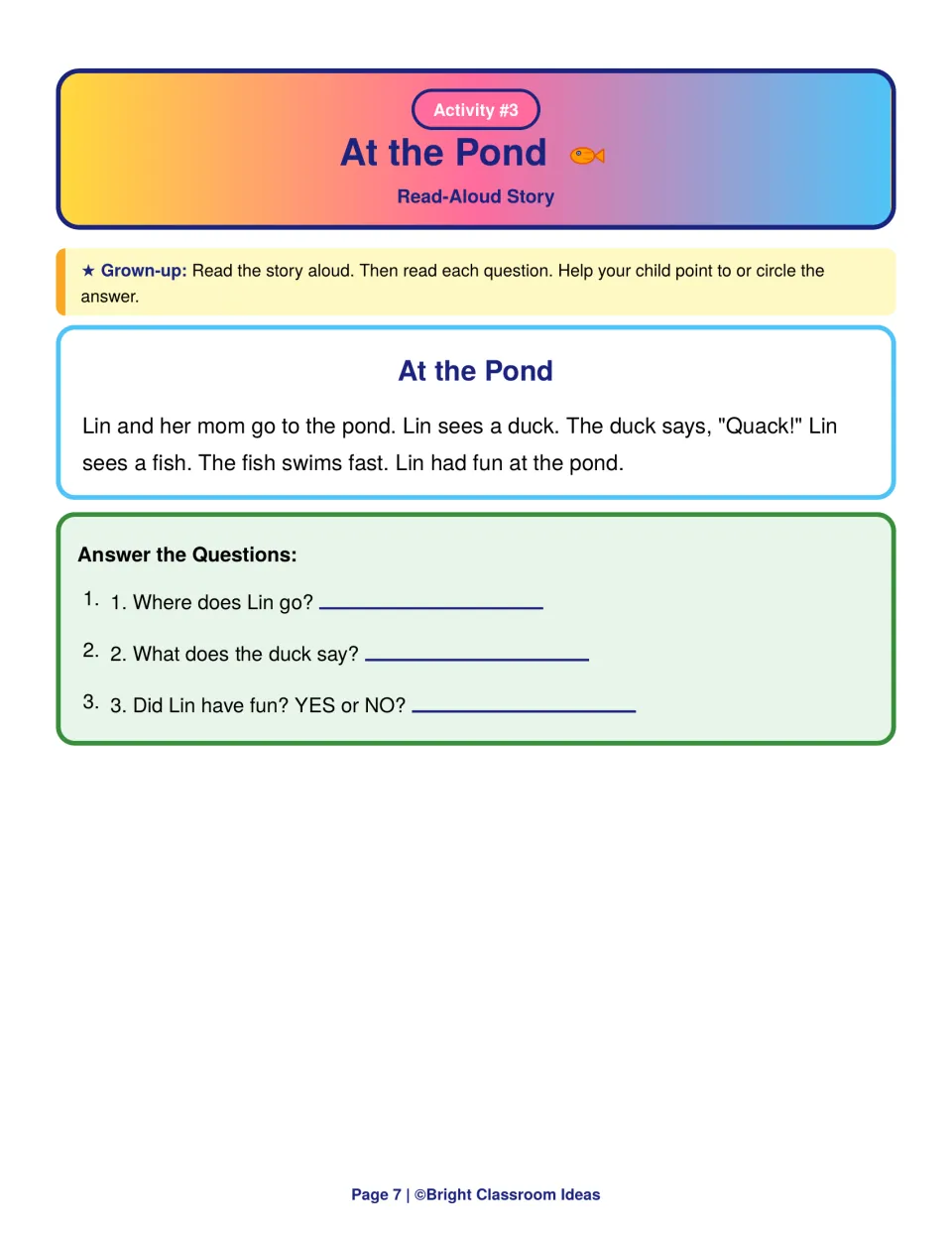 At the Pond read-aloud story about Lin: children say where Lin goes, what the duck says and whether she had fun
