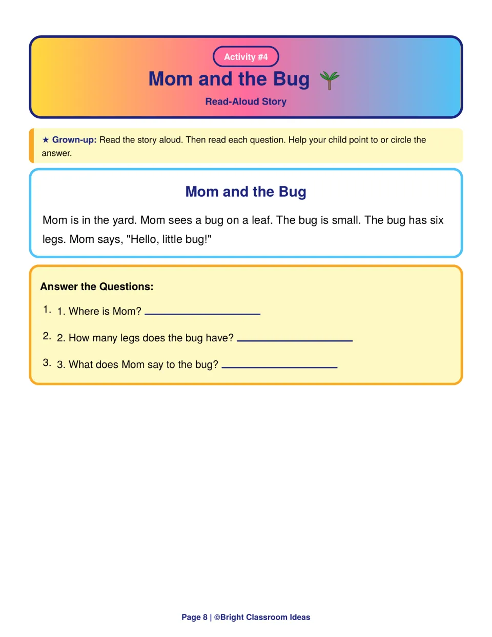 Mom and the Bug read-aloud story: children answer where Mom is, how many legs the bug has and what Mom says to it
