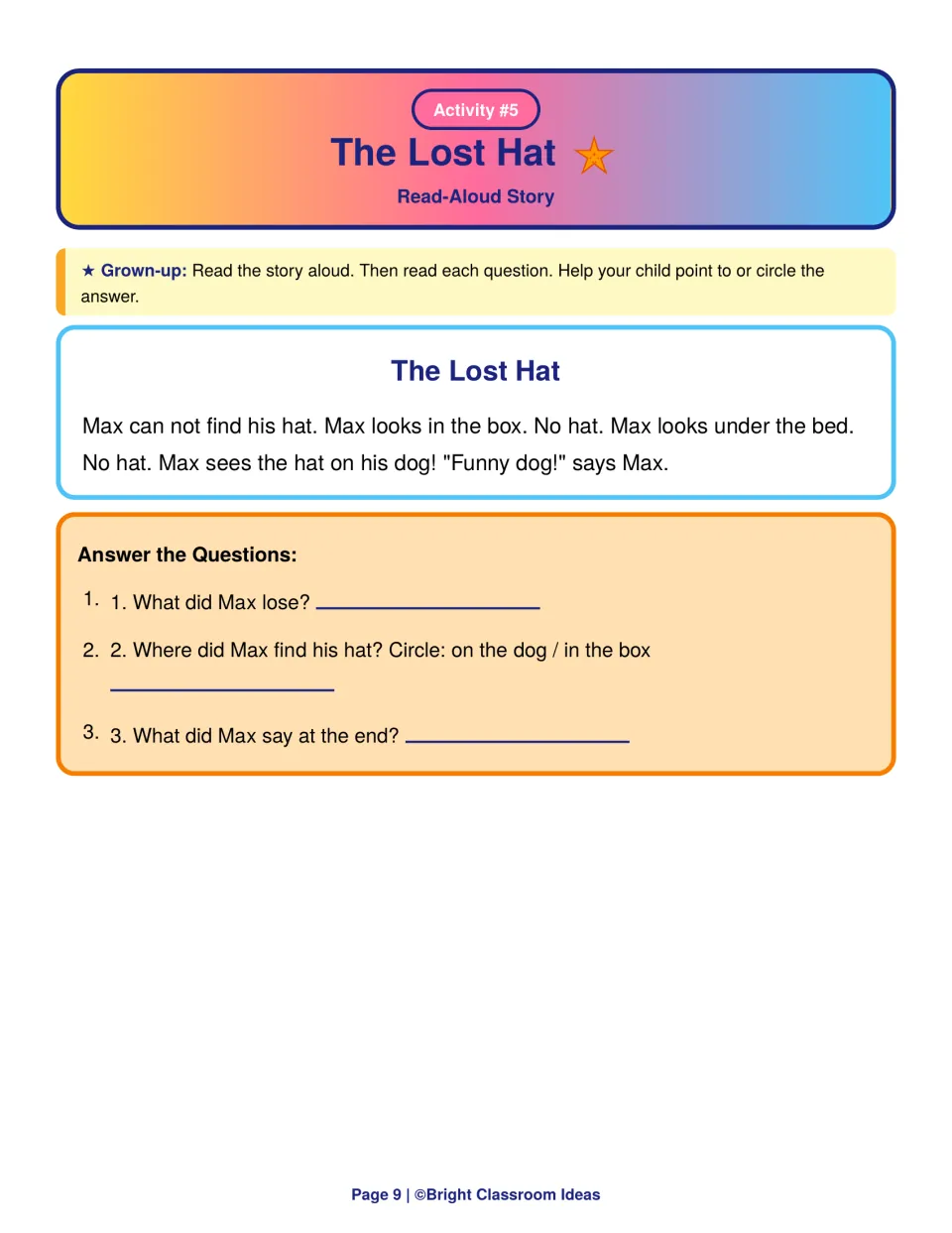 The Lost Hat read-aloud story: children tell what Max lost, circle on the dog or in the box, and recall what Max said