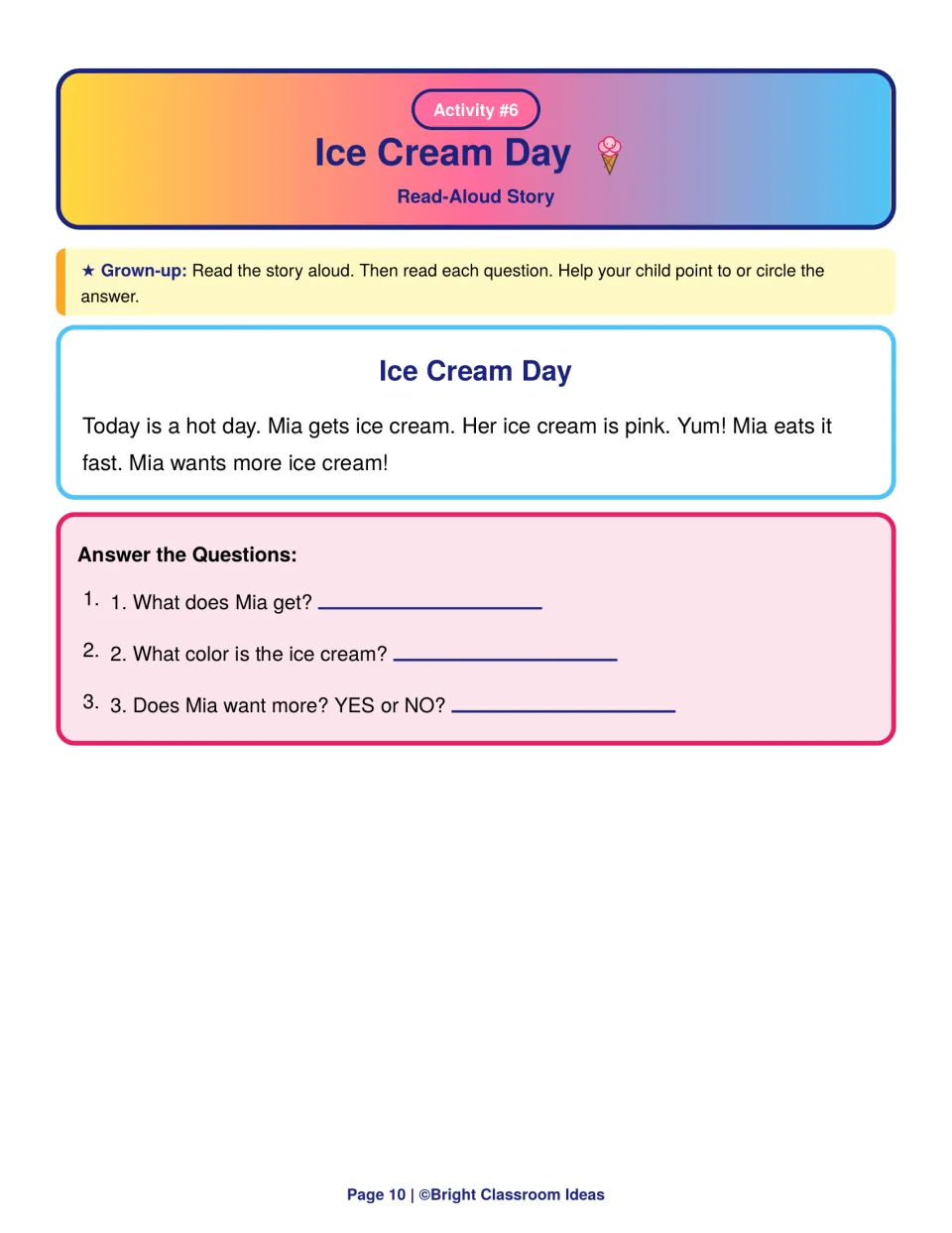 Ice Cream Day read-aloud story about Mia: children name what she gets, the color of her ice cream and if she wants more