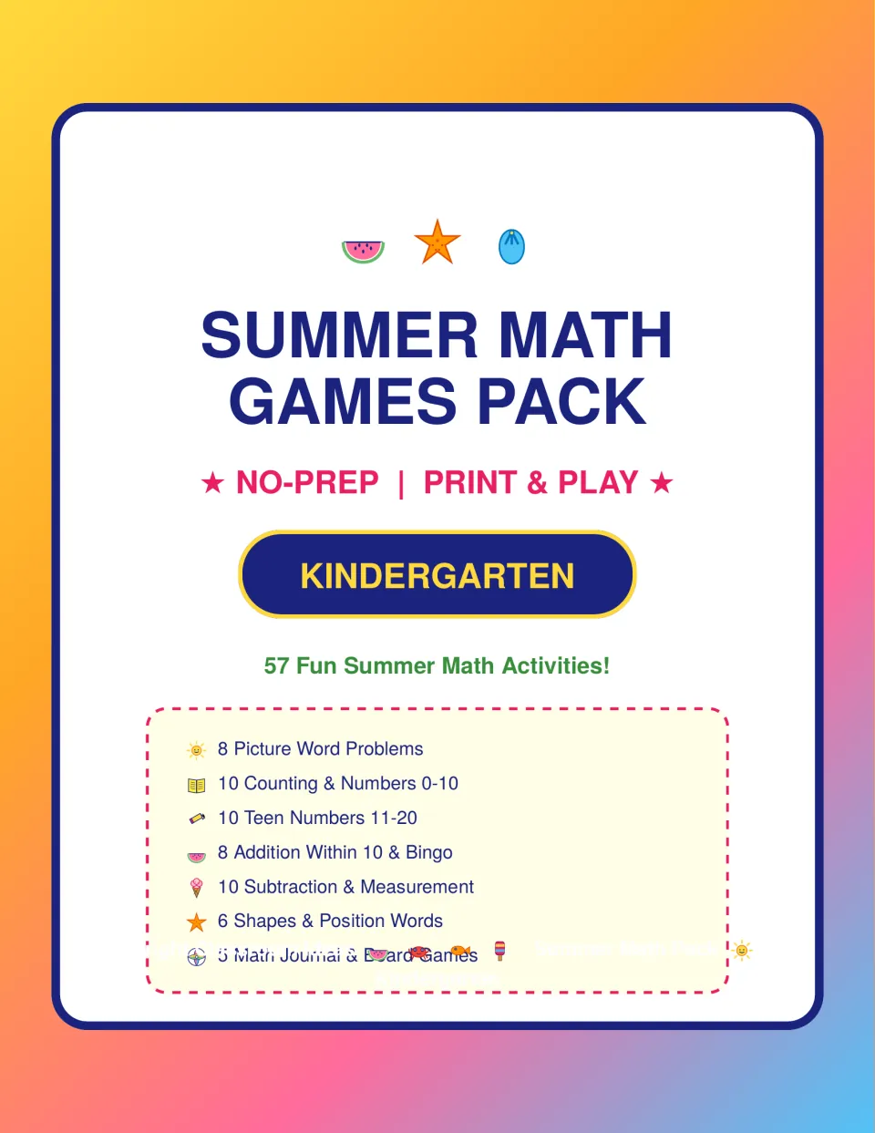 Summer Math Games Pack cover for kindergarten listing 57 activities: word problems, teen numbers, shapes and board games