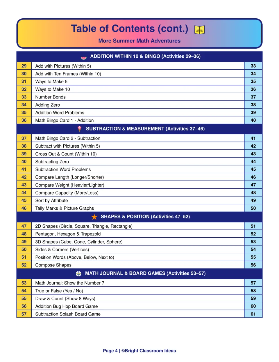 Table of contents for activities 29 to 57: addition and bingo, subtraction and measurement, shapes, journal and board games