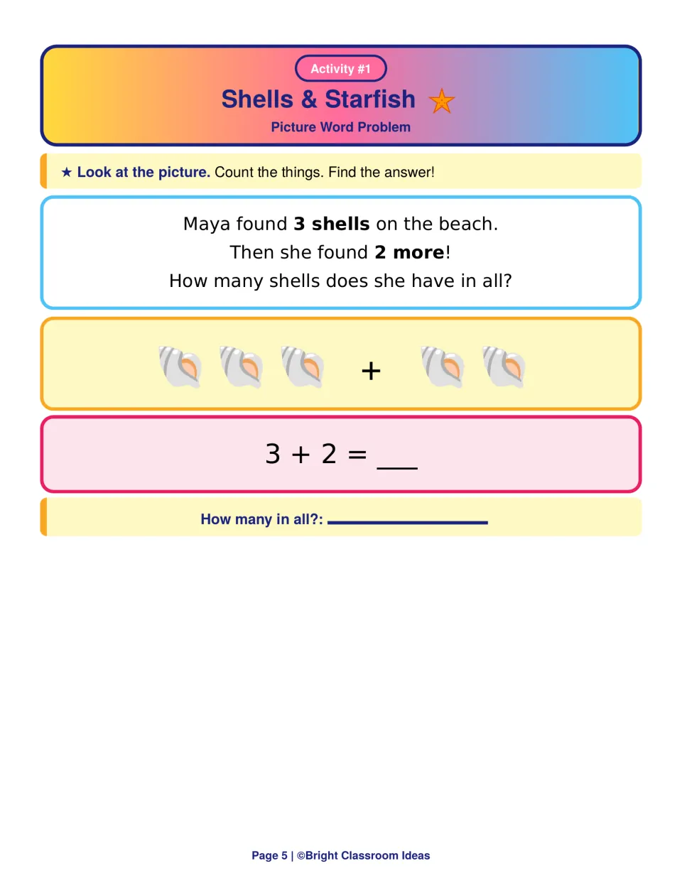 Shells & Starfish addition story: students count 3 shells plus 2 more shells and solve 3 + 2 to find how many in all