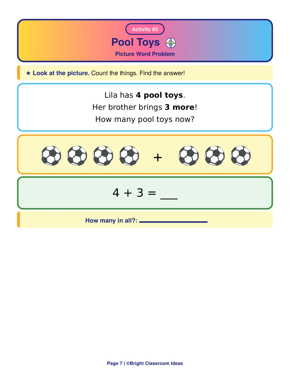Pool Toys addition story: students count 4 balls and 3 more, then solve 4 + 3 to find how many toys Lila has now