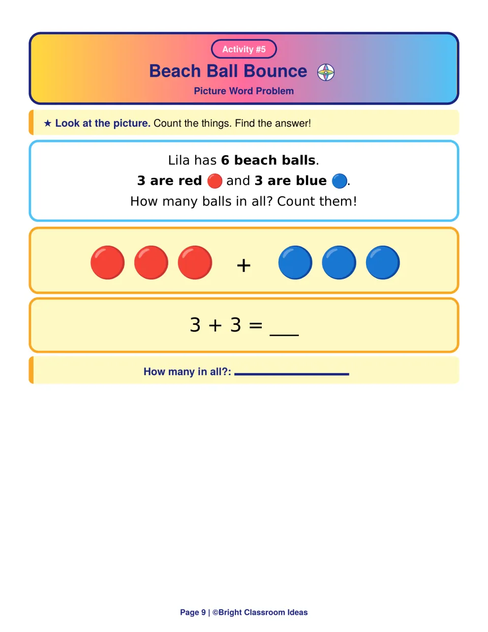 Beach Ball Bounce addition story: students count 3 red and 3 blue balls, then solve 3 + 3 to find how many balls in all