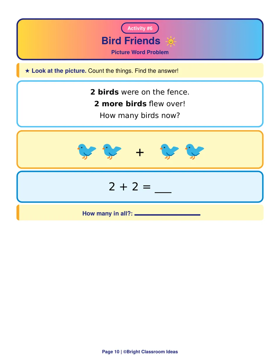 Bird Friends addition story: 2 birds on a fence and 2 more fly over; students solve 2 + 2 to find how many birds now