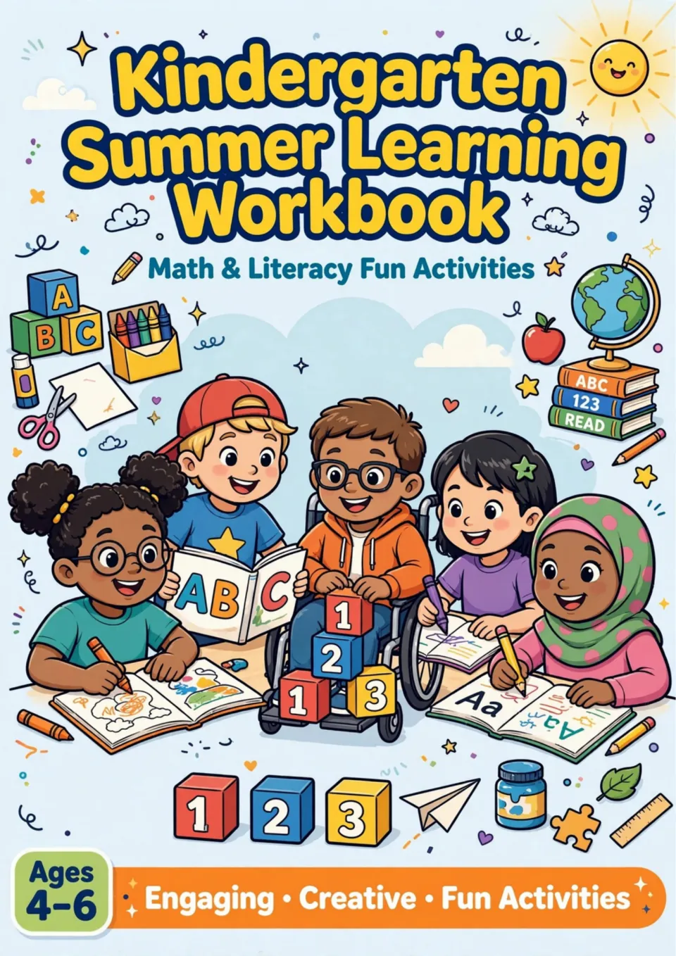 Summer learning workbook cover introducing kindergarten math and literacy activities for children ages 4–6