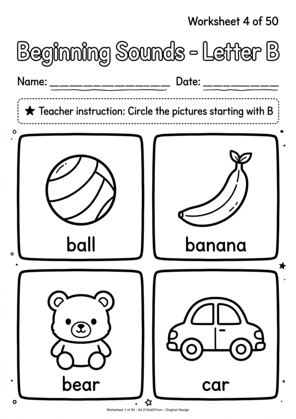 Beginning sounds worksheet asking children to circle pictures starting with B: ball, banana, bear, and car